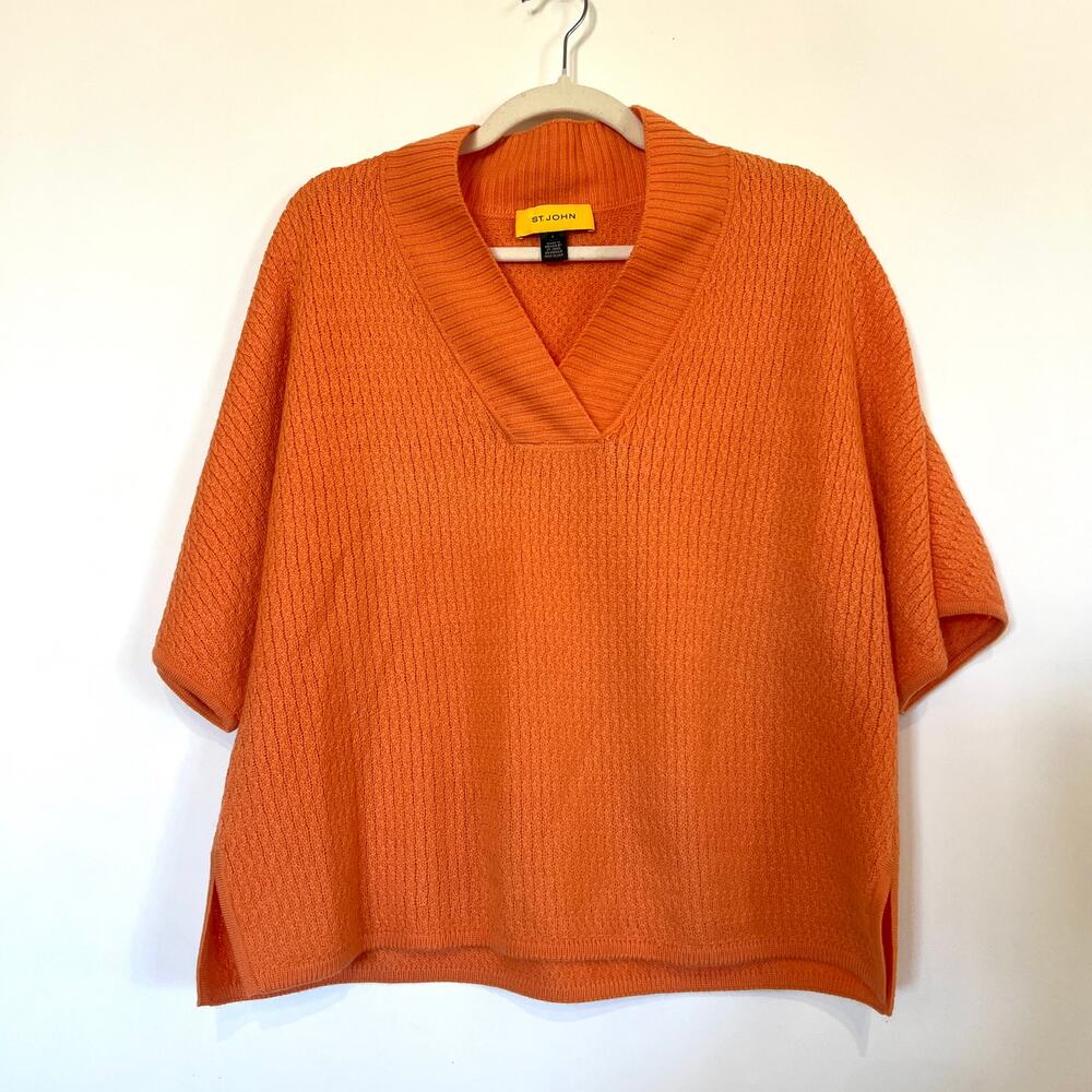 St John 100% wool collared popover knit sweater orange large old money coastal